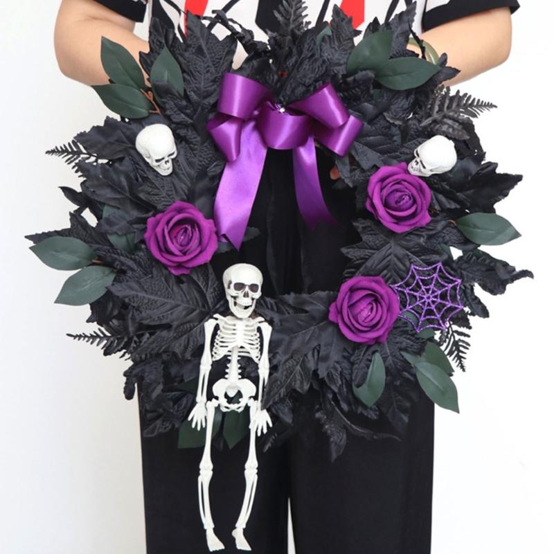 Halloween Front Door Wreath, Artificial Floral Wreath with Black Purpler Leaves Hanging Decoration for Front Door Entryway Wall