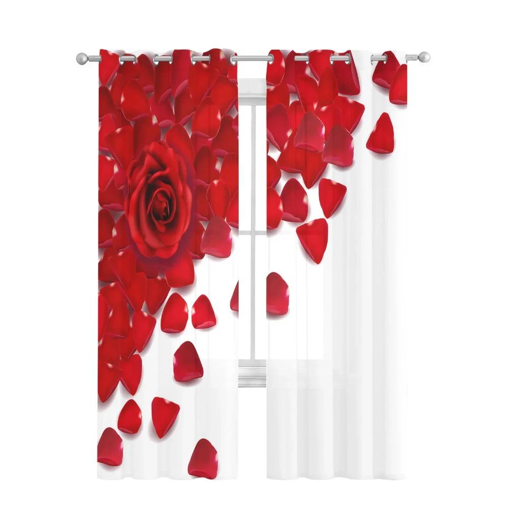 Red Rose Flower Plant White Chiffon Sheer Curtains for Living Room Bedroom Home Decoration Window Voiles Tulle Drapes Curtain