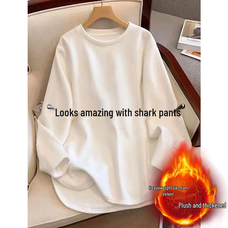 Velvet White Fleece-Lined Oversized Slit Long Sleeve Top for Women