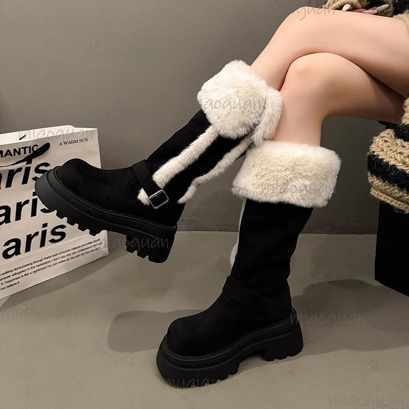 Winter Warm Short Plush Women Knee-High Snow Boots Belt Buckle Fur Lined Chunky Platform Shoes for Women Comfortable Long Boots