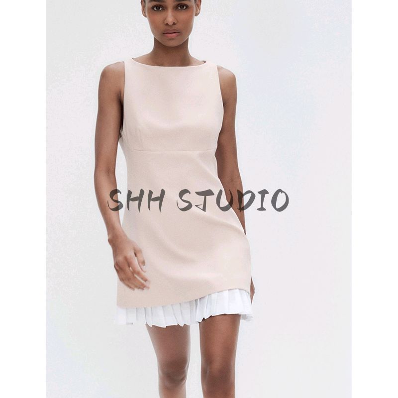 Spring and Summer New Women's Clothing Minimalist Sleeveless Boat Neck Wide Pleated Hem Poplin Patchwork Short Dress 2305554
