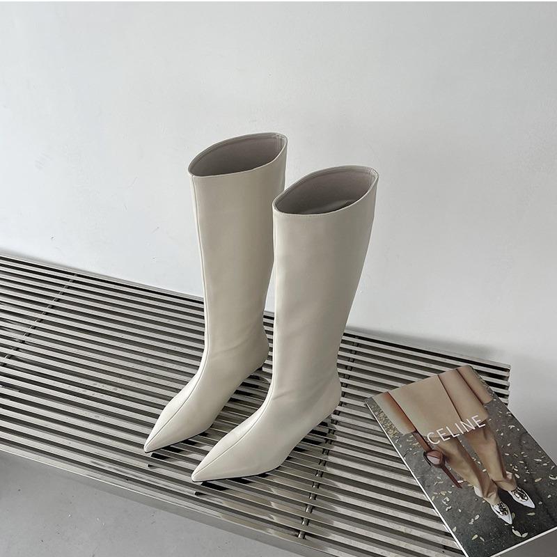2025 Autumn and Winter New Products Simple and Fashionable Wide Boots Korean Version Pointed Sleeve High Boots Soft Leather Cat and Boots