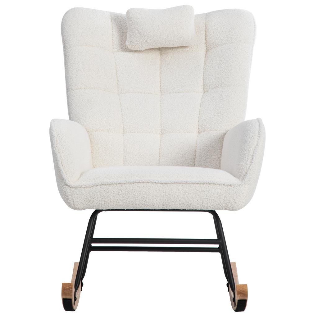 Ergonomic 92 cm High White Rocking Chair, Seat Width 65 cm - incl. 1 Pillow and 1 Footstool (49*38*38 cm), Rubberwood Base, Max. Load Capacity 250 lbs