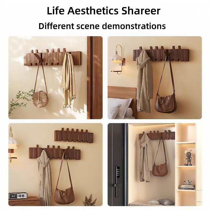 Wandmontierte Garderobe aus Naturholz, Design: Piano-Akkordeon, Walnuss-Finish, Platzsparender Organizer