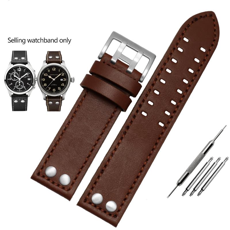 JEDNA Pasek do zegarka ze skóry naturalnej dla serii Hamilton Khaki Aviation Field Męski Pasek do zegarka Bransoleta z nitami Pasek Brązowy 20mm 22mmMN