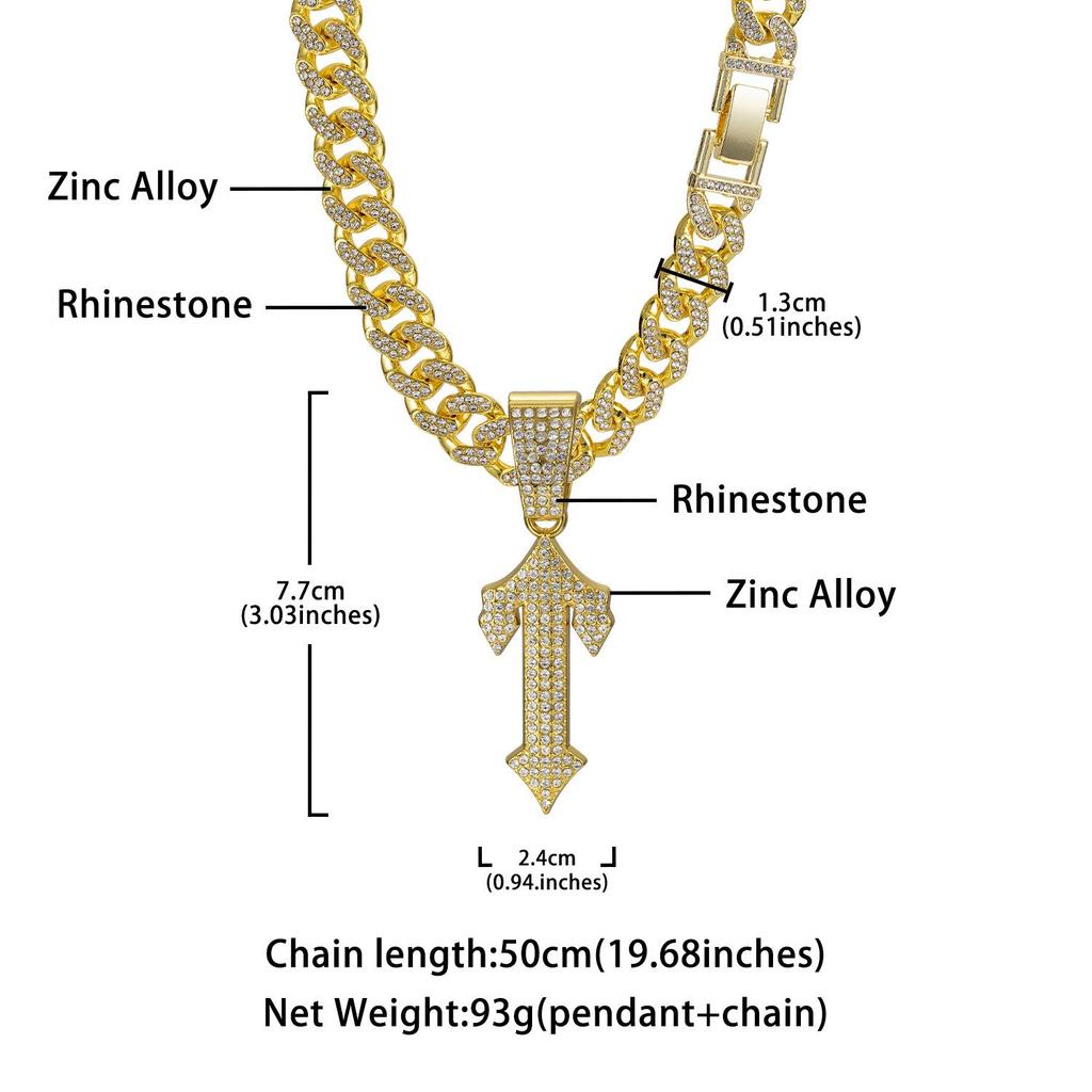 European-American Hip-Hop Style Cuban Necklace with Large Sword Alloy Full Diamond Pendant Trendy Men's Jewelry