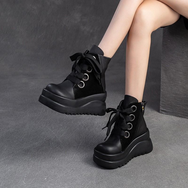 Johnature Genuine Leather Wedges Short Boots Retro Thick Soled Side Zipper Versatile Women's Shoes