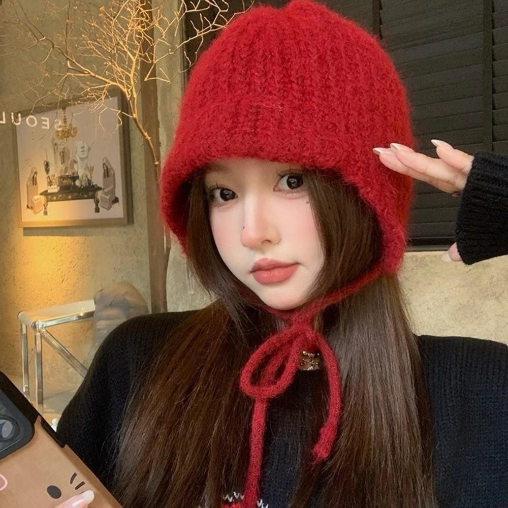 Ear Protection Knitted Earmuffs Hat Lace-up Strap Beanies Sweet Knitted Hat Winter