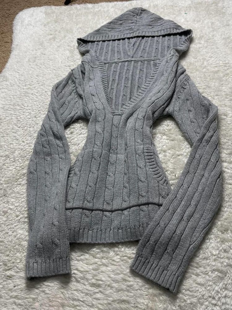 2026 Spring Gray Vintage Slim Outfit New Harajuku Design V-neck Casual Hooded Pullovers Solid Elegant Warm Knitted Sweater Women