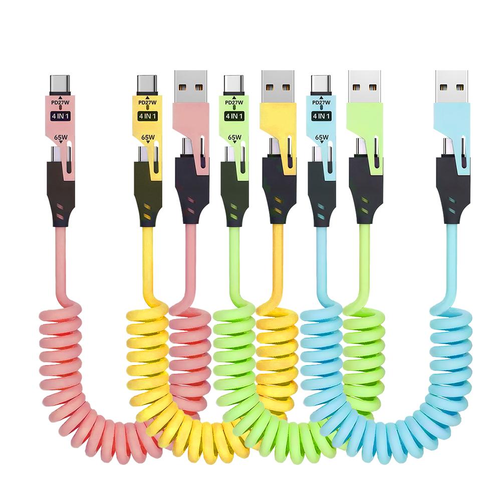 65 W 27 W PD Schnellladung 4-in-1 USB auf Typ-C auf Typ-C auf iOS 8-Pin Gewickelt Einziehbarer USB-Ladekabel für Telefon Auto Lautsprecher