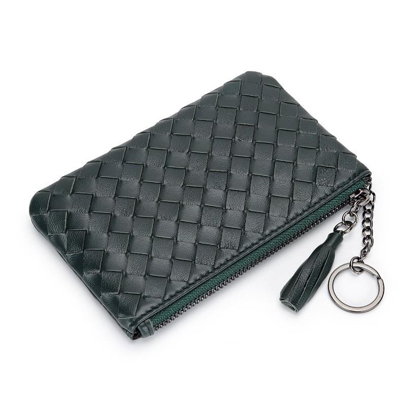 

Change Purse Women s Sheepskin Knitted Small Thin Wallet Korean Style Fashionable Authentic Leather Short Loose 13x8x1cm зелёный