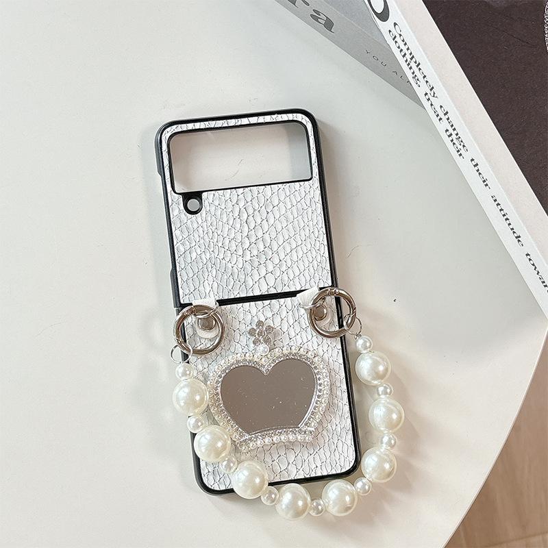 

Rhinestone Crown Mirror Phone Case for Samsung Zflip6 Pearl Bracelet Fold7 Folding XFlip Flip Type For Samsung ZFlip3