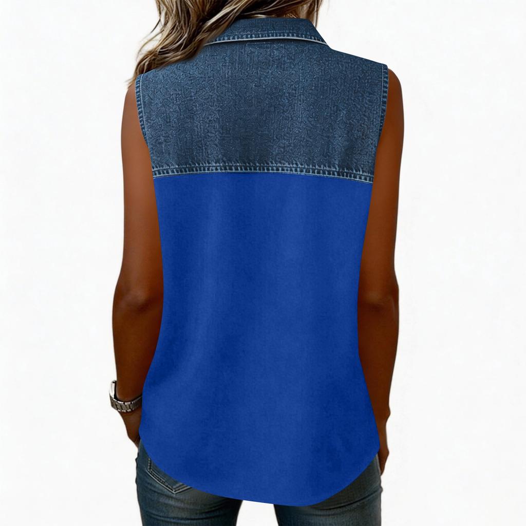 Women's Casual Fashion Denim Patchwork Sleeveless Button-Down Top Vest