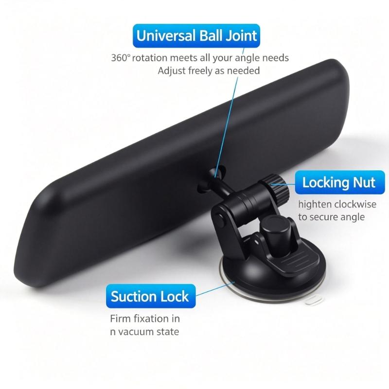 Universal Replacement Inside Car Mirror, Black Rear View Mirror with Suction Cup Mount, Adjustable Bracket, and 22 x 6 cm Mirror Panel Area Use