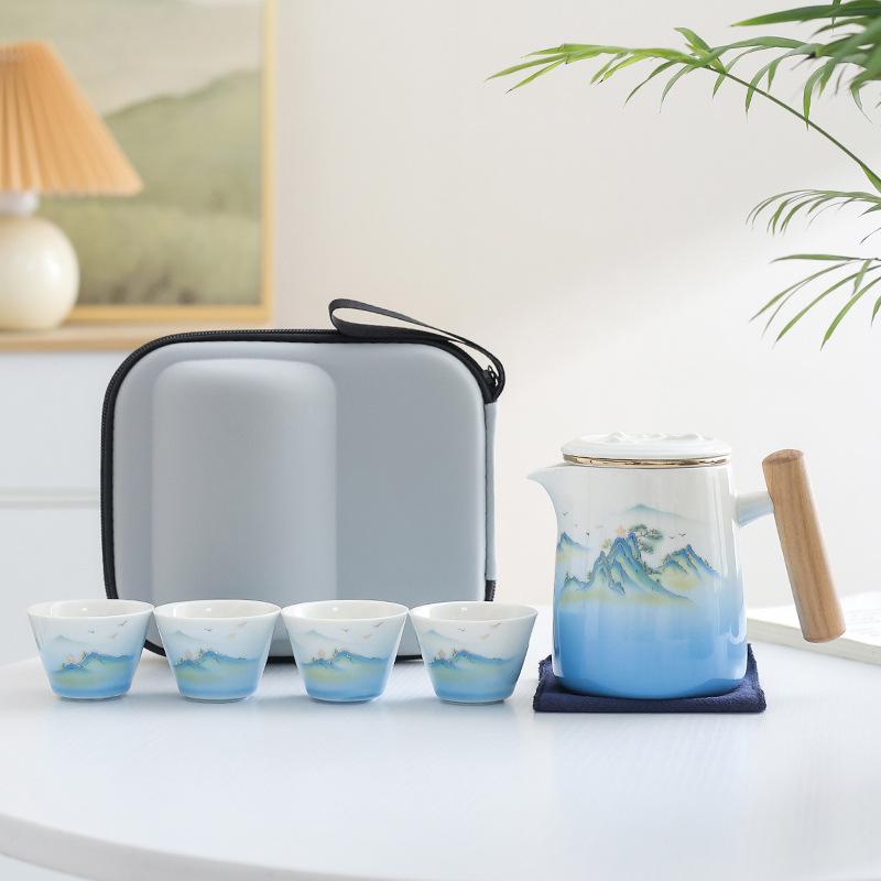 Qianli Jiangshan Ceramic Portable Travel Tea Set Portable Outdoor Express One Pot Four Cups Brewing Teapot Guochao Gifts