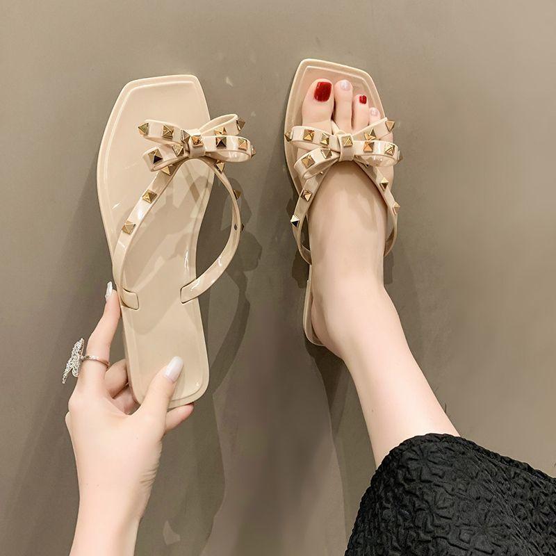Retro fashion European and American willow nail flat beach shoes 2025 summer new travel vacation bow flip-flops women