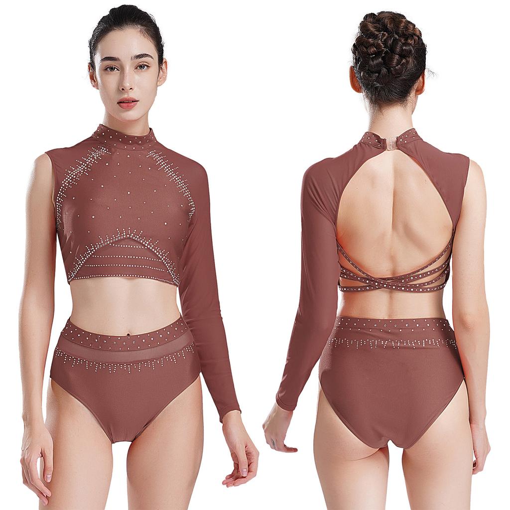 Women Girls 2pcs Jazz Latin Dancewear Figure Skating Costume Shiny Rhinestones Crop Top with Briefs Set for Ballet Gymnastics