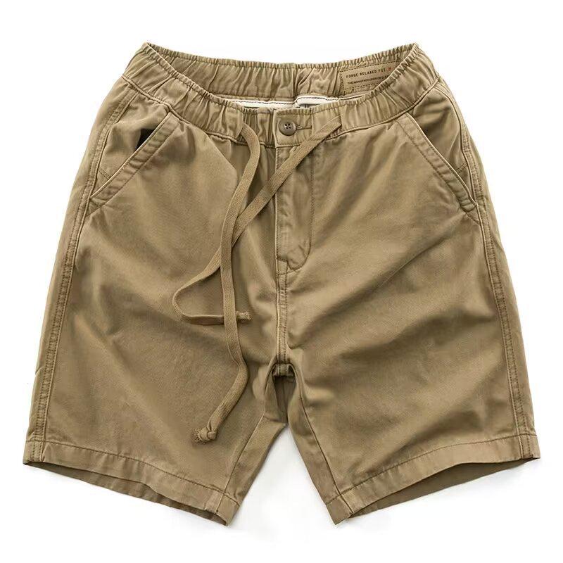 American Retro Khaki Cargo Shorts - Mid-Length, Elastic Waist, Casual Drawstring, Trendy Men's Summer Pants