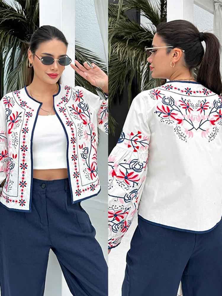 Drucken Frauen Jacke O-Ausschnitt lange Laterne Ärmel dünne kurze Mantel weibliche Frühen Herbst Dame Outwear