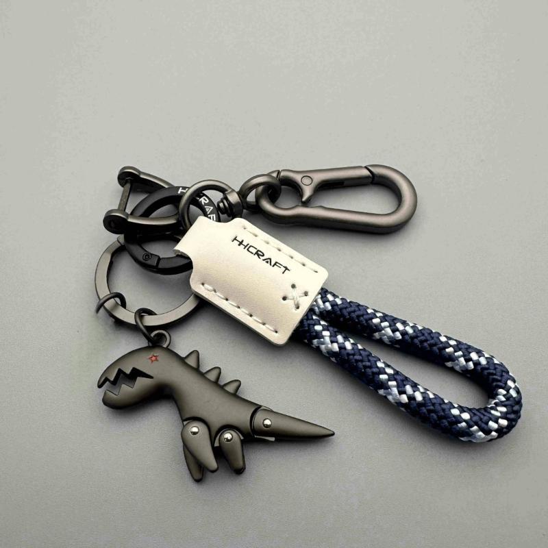 Car Keychain with Little Dino Accent, Single Braided Leather Rope, Metal Key Holder, Motorcycle & Bag Add-Ons