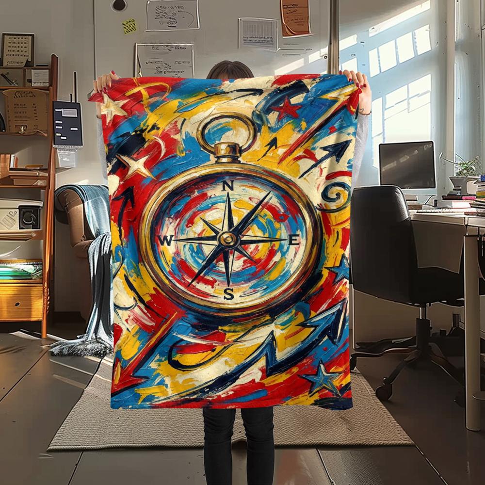 1Pc Compass Print Flannel Blanket, High Quality Comfortable for All Seasons, Home Decor, Warmth and Comfort, Perfect for Christmas Gifts W168