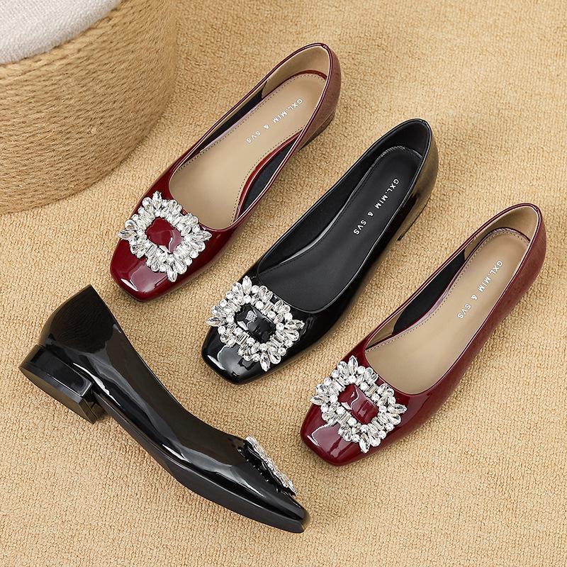 Huiliya Square Head Single Shoes Women's 2025 Women's Thick Heel New Fashion Commuting Temperament Low Heel Square Buckle Rhinestone Women's Shoes