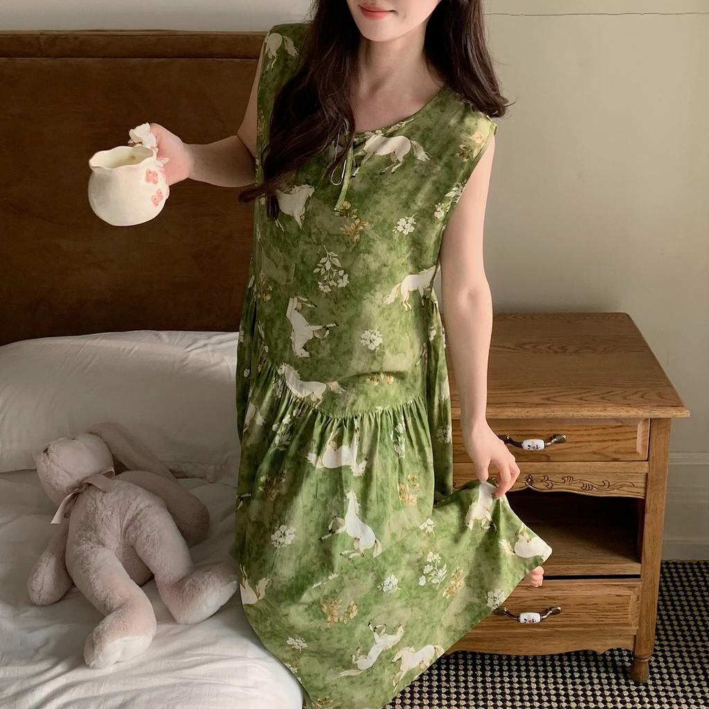 New Chinese sleeveless nightdress women's summer plant flower green cotton silk skirt high-end loungewear national style long skirt thin