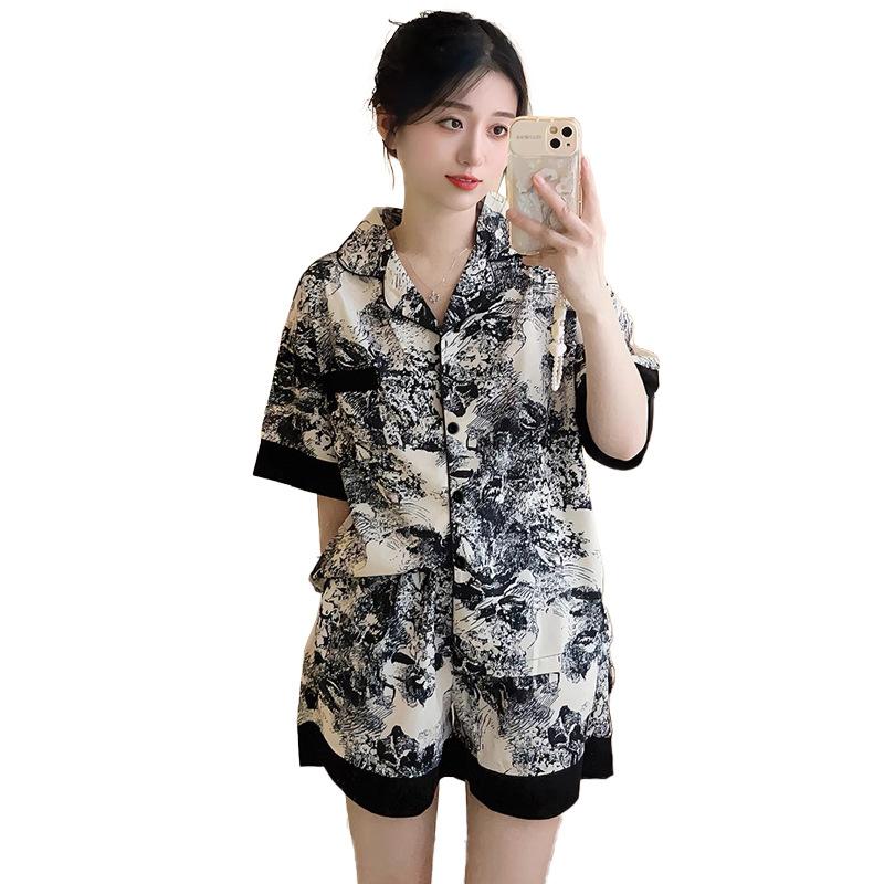 Ice Silk Pajamas Women'S Summer Short-Sleeved New Chinese Ink Painting High-End Lace Edge Thin Loungewear