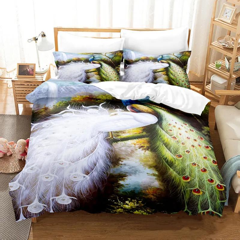 Peacock Feather Bedding Set Peacock Duvet Cover Set Single Double King For Adult Women Microfiber Comforter Cover Bedroom Decor