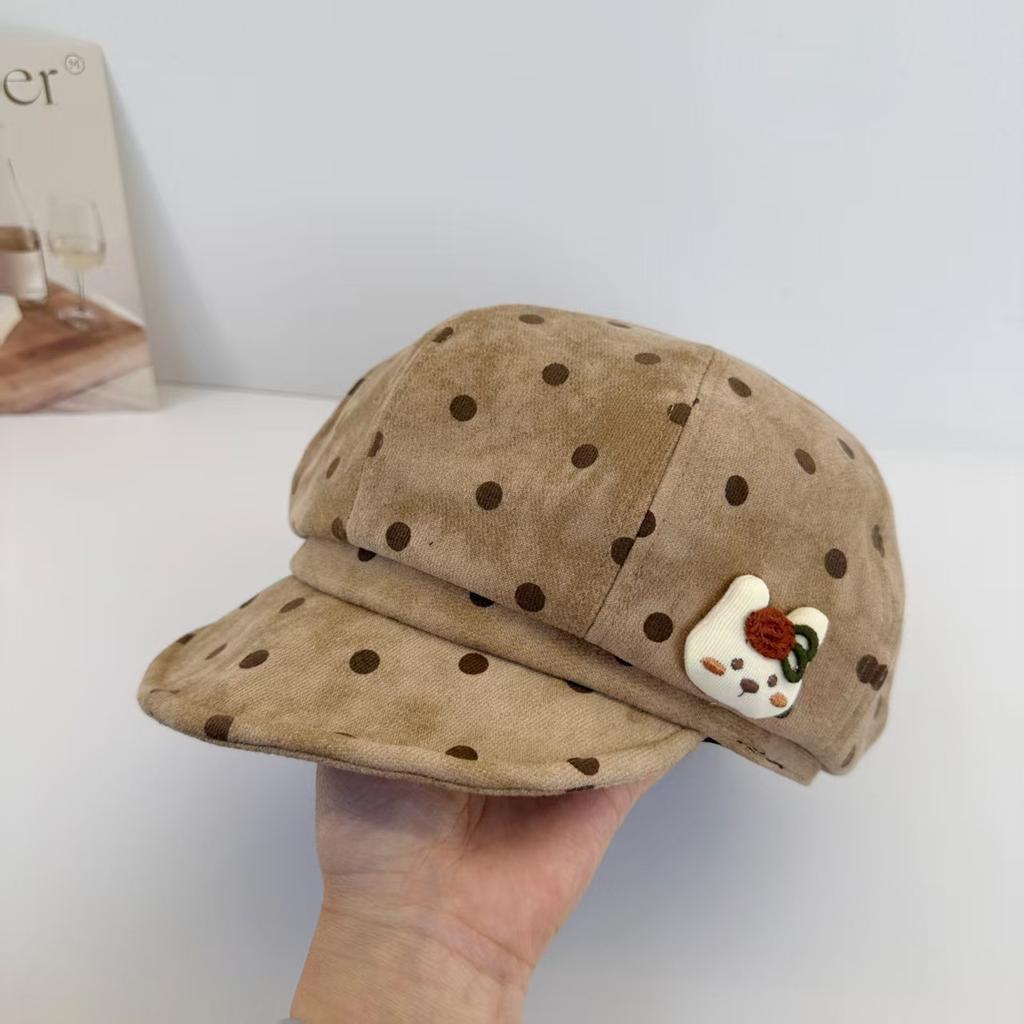 Retro polka dot cute Bere octagonal hat female autumn and winter show face small newsboy painter hat atmosphere big head circumference