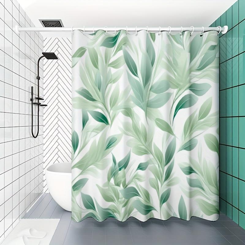 Green leaf pattern shower curtain set, no drilling required, easy to clean, separates wet and dry areas in the bathroom