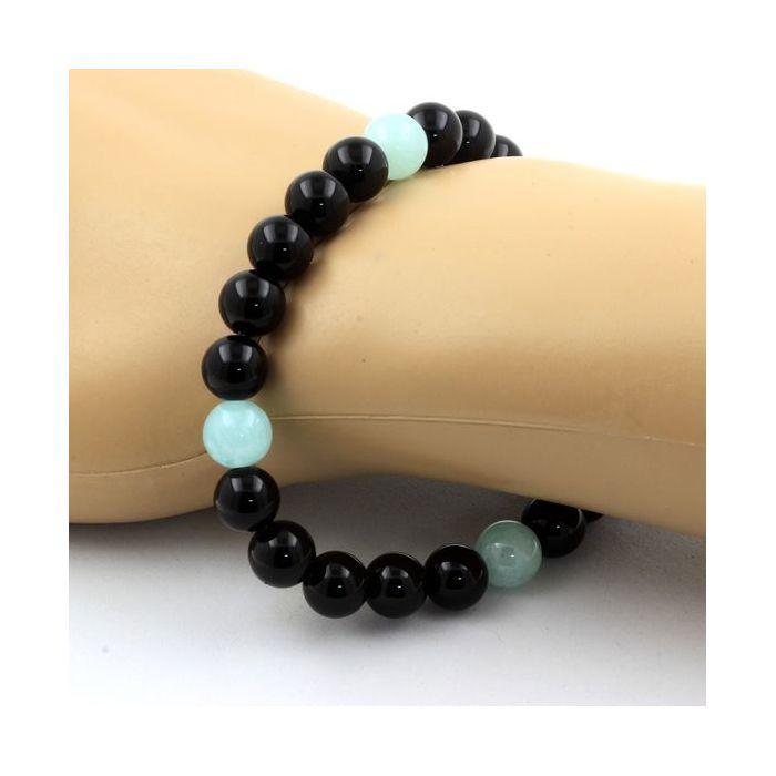 Stones and Minerals. Angelite Pearl Bracelet + Black Agate 8 Mm. Made In France.