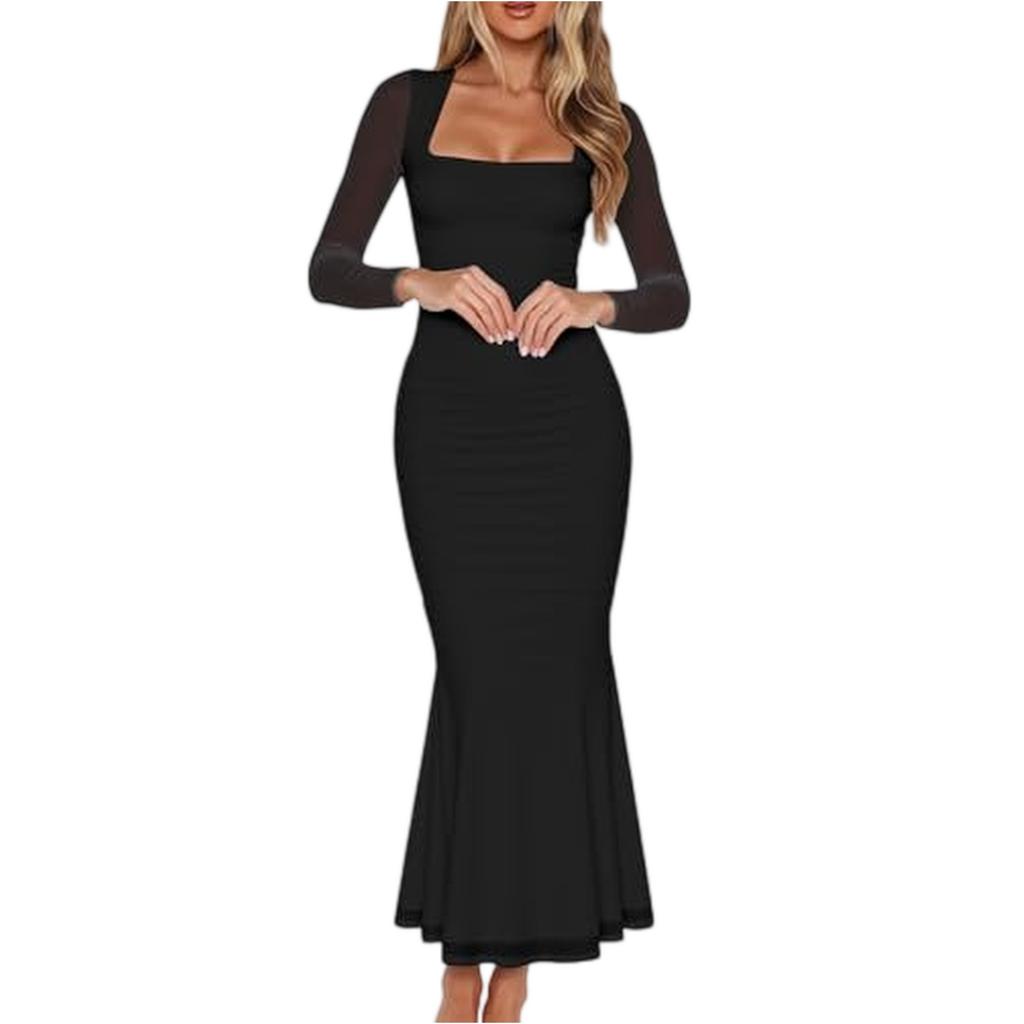 Women's Ruched Bodycon Long Sleeve Maxi Dress Mesh Square Neck Cocktail Party Long Dresses