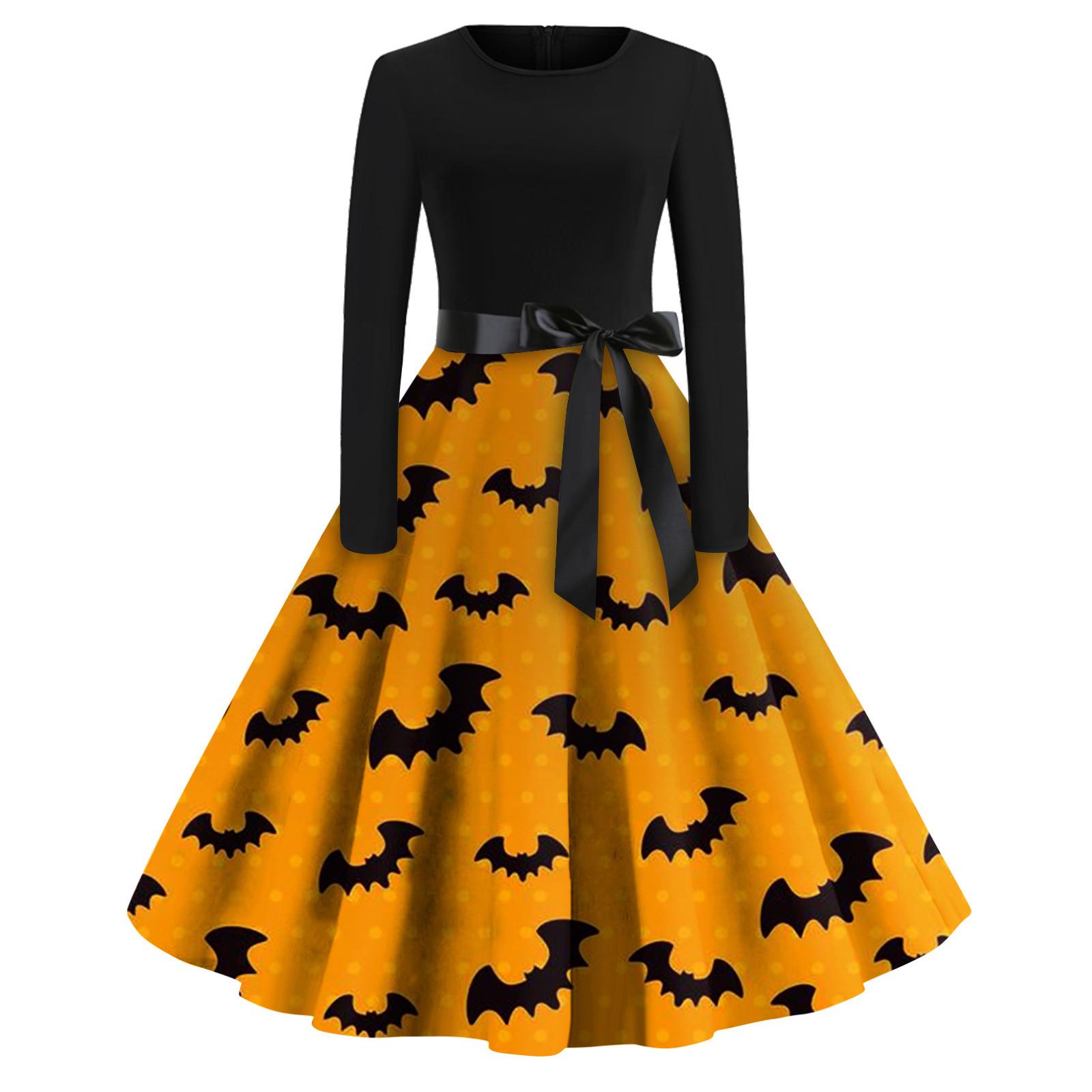 

Женская мода с круглым вырезом, повседневное облегающее платье с длинным рукавом и принтом на Хэллоуин S жёлтый