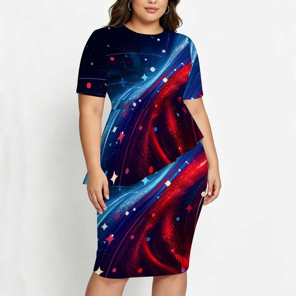 Women Plus Size Round Neck Short Sleeve Navy Red Printed Asymmetric Top And Fitted Skirt Two Piece Set