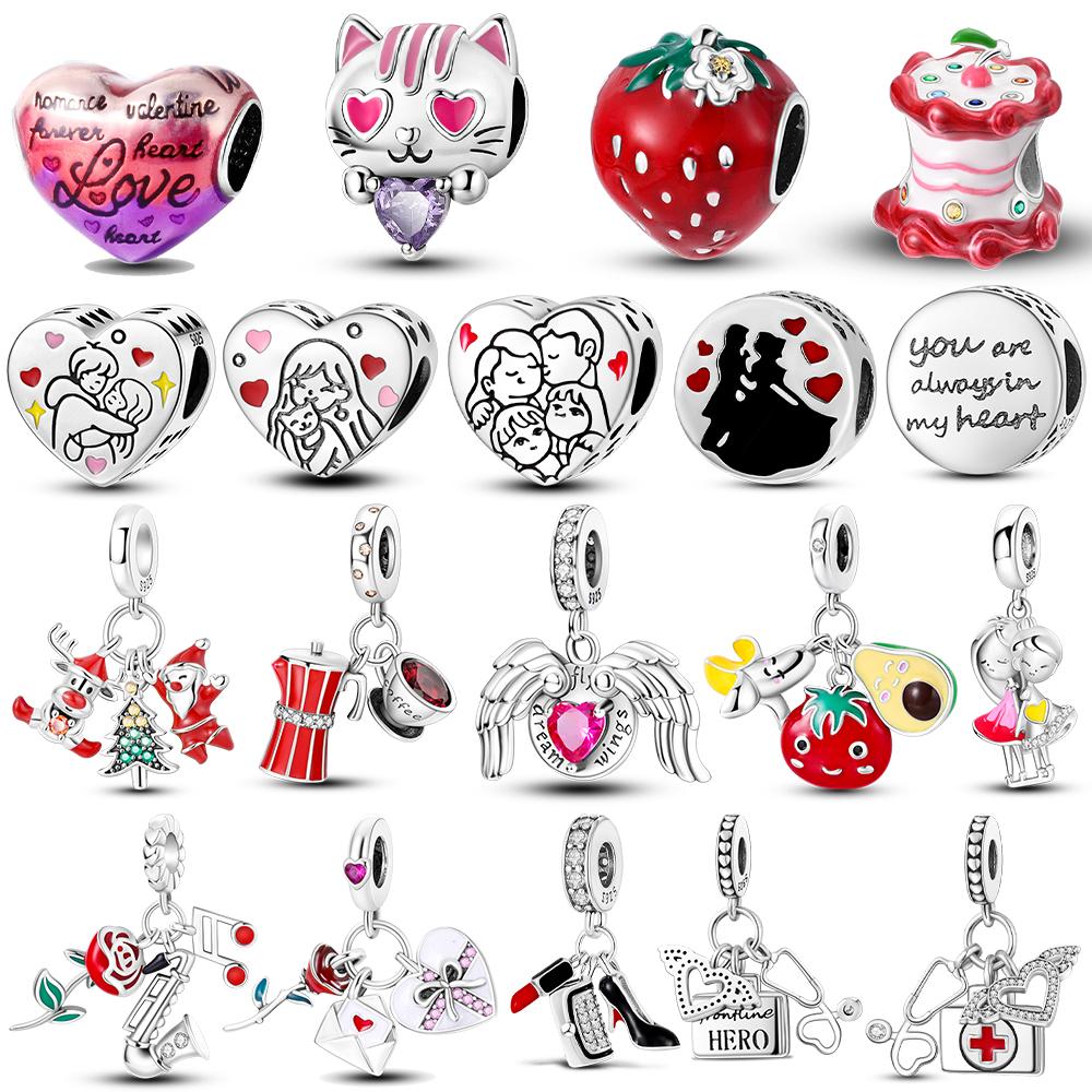 Heart Strawberry Color Charms Bead Lipstick High Heels Copper Red Dangle Fit Original Bangle Bracelet Diy Jewelry