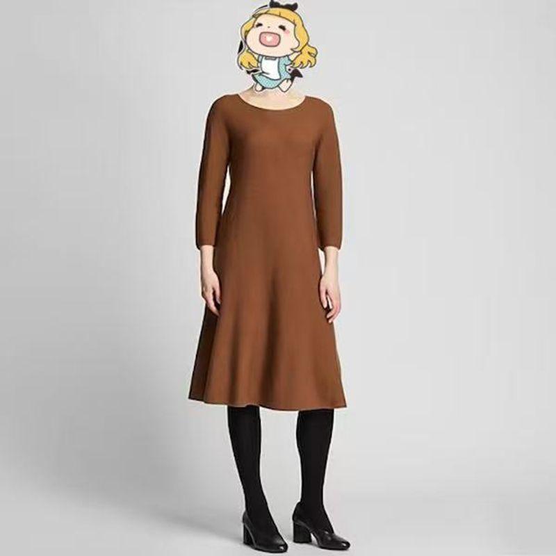 

Autumn and Winter Foreign Trade Orders Exported to Japan Cut the Tag off Fleece Women clothes Long sleeve Sweater Dress Umbrella Skirt Knitted Skirt CHECOLATE Bust size 96-102