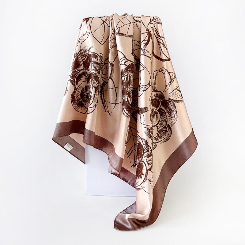 90cm Rayon Satin Scarf – Camellia Print Headscarf: A Trendy, Versatile Shawl for Women
