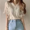 2025 Summer Women's Lace Top: Solid Color, Round Neck, Short Sleeve, Crochet Hollow Out, Loose Fit, Stylish & Comfortable Shirt.