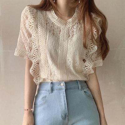Top de encaje de verano para mujer 2025: Color Sólido, Cuello Redondo, Manga Corta, Calado de Crochet, Corte Holgado, Camisa Elegante y Cómoda.