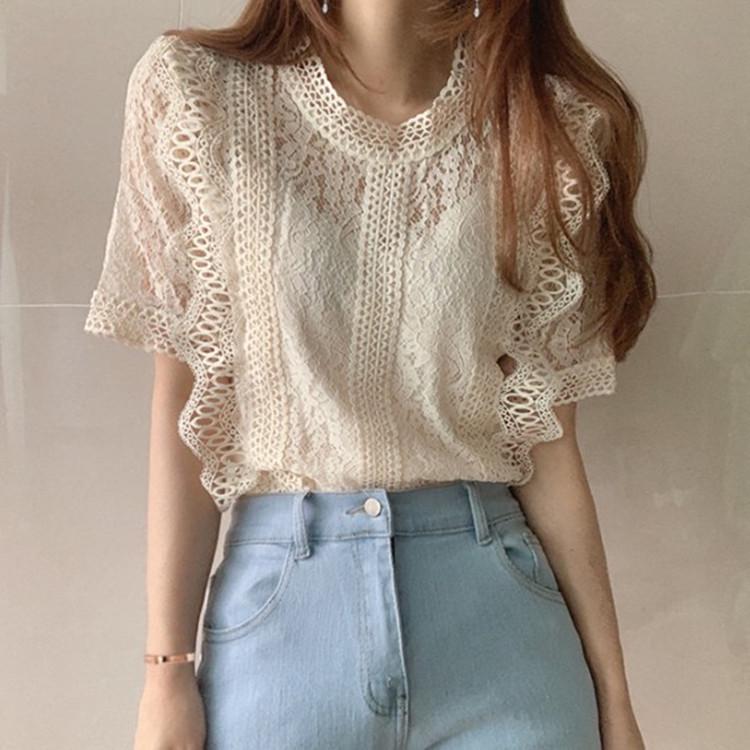2025 Summer Women's Lace Top: Solid Color, Round Neck, Short Sleeve, Crochet Hollow Out, Loose Fit, Stylish & Comfortable Shirt.