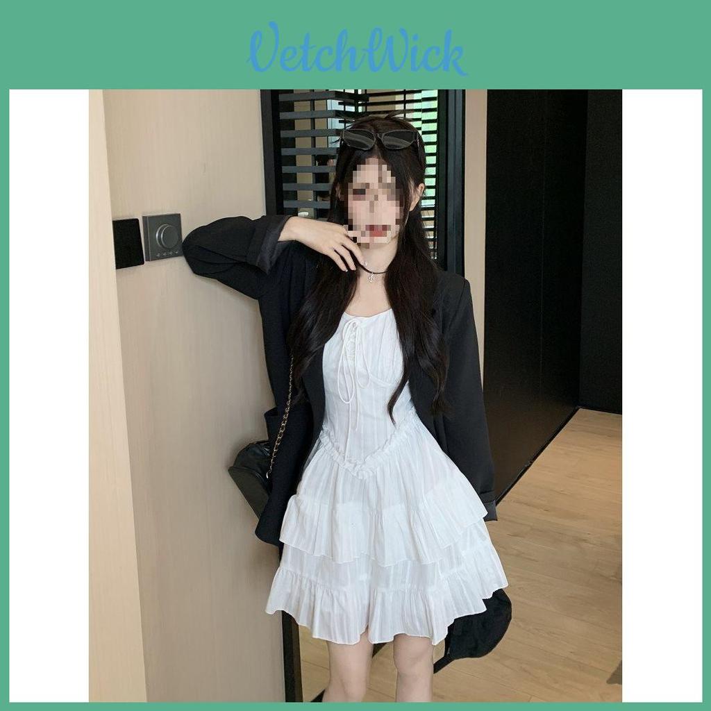 White Strap Dress Summer Knit Fabric Sleeveless Waist Short Skirt For Women