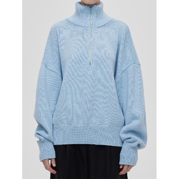 Knitted Lady'S Sweater Stand Collar Drop Shoulder Sleeves Loose Oversized Zippers Fluffy Pullover Autumn Casual Jumper