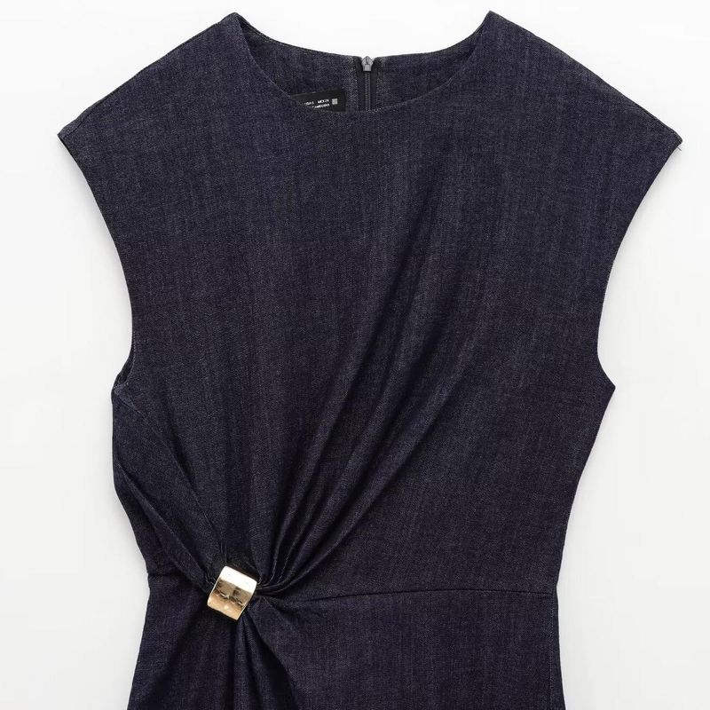 Kaslead New Arrival Women's Clothing Fashion Style Fashionable Golden Inlaid Denim Midi Skirt Dress 2022576