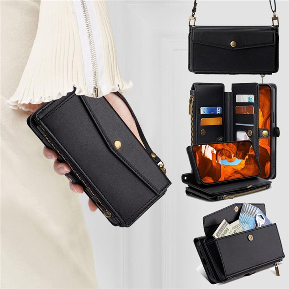 (Black) For iPhone 17 Case Card Slots Zipper Purse PU Leather Phone Cover with Shoulder Strap