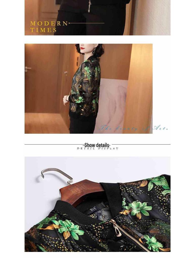 Damen 2025 Frühling/Sommer Chiffon Baseballjacke - Übergröße, Lässiger Print, Kurze Strickjacke