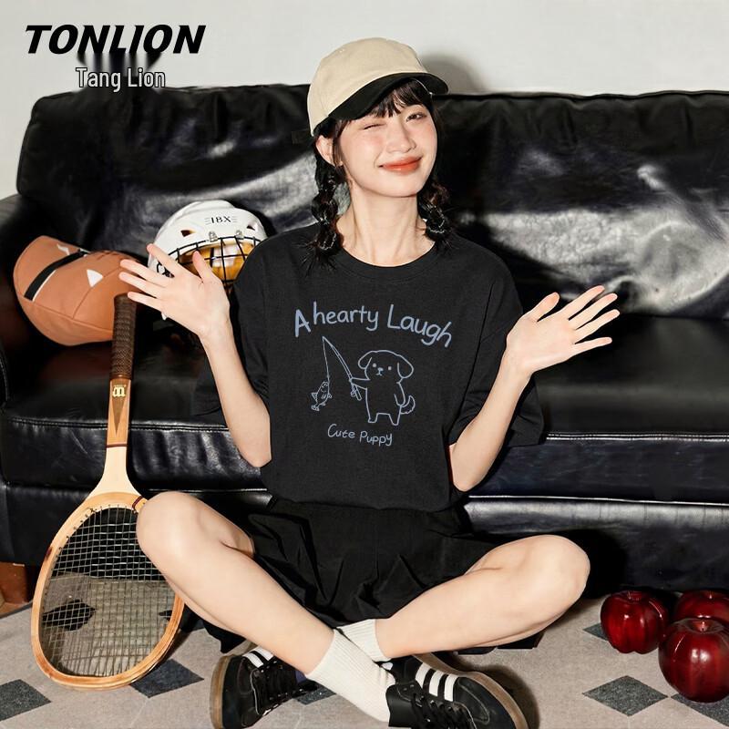 TonLion Women s Cotton Loose Fit  Little Dog Fishing  T-Shirt S