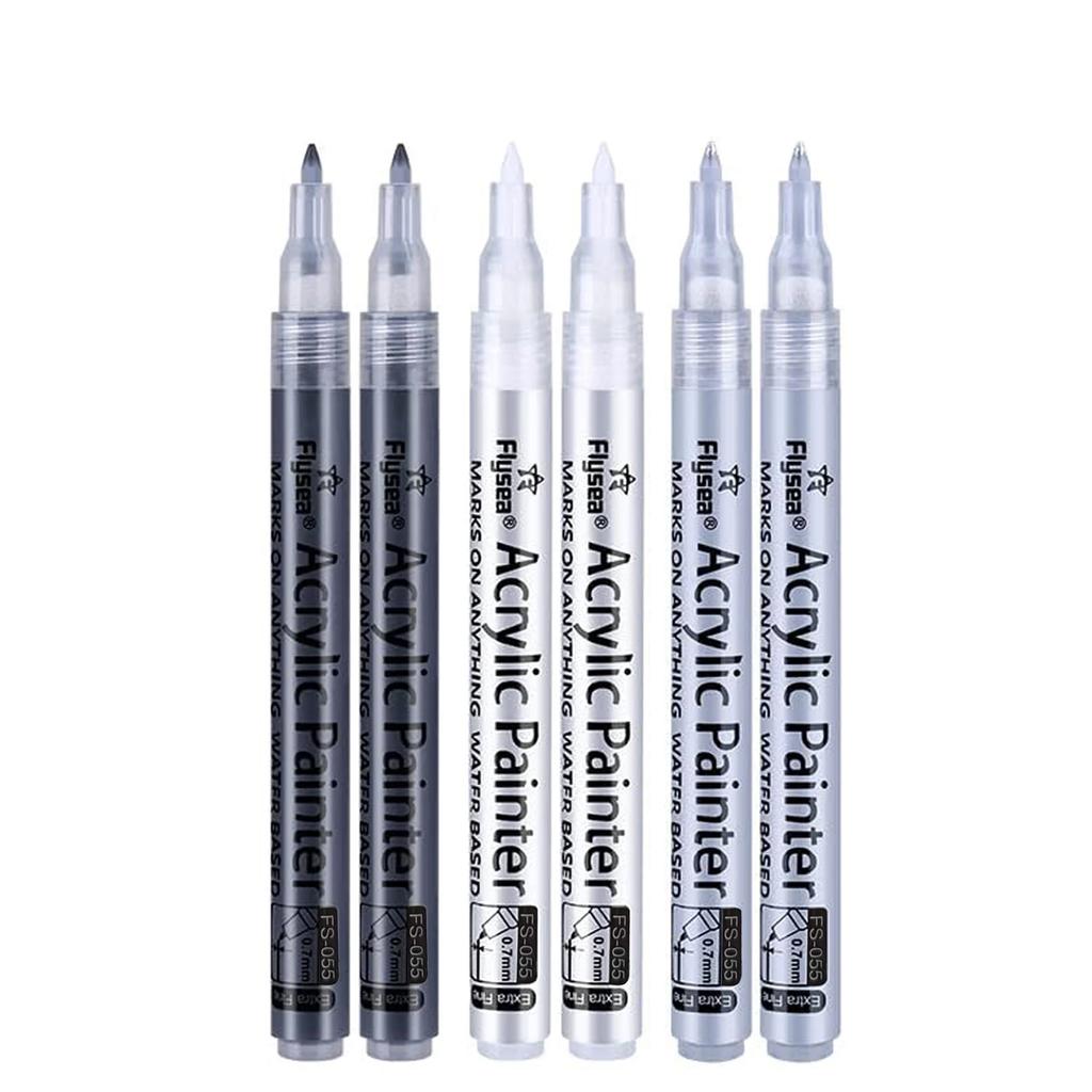 6Pcs/set 4 Colors (Black/White/Gold/Silver) Acrylic Paint Markers pen,0.7mm Extra Fine for Ceramic, Metal, Paper, Drawing, DIY