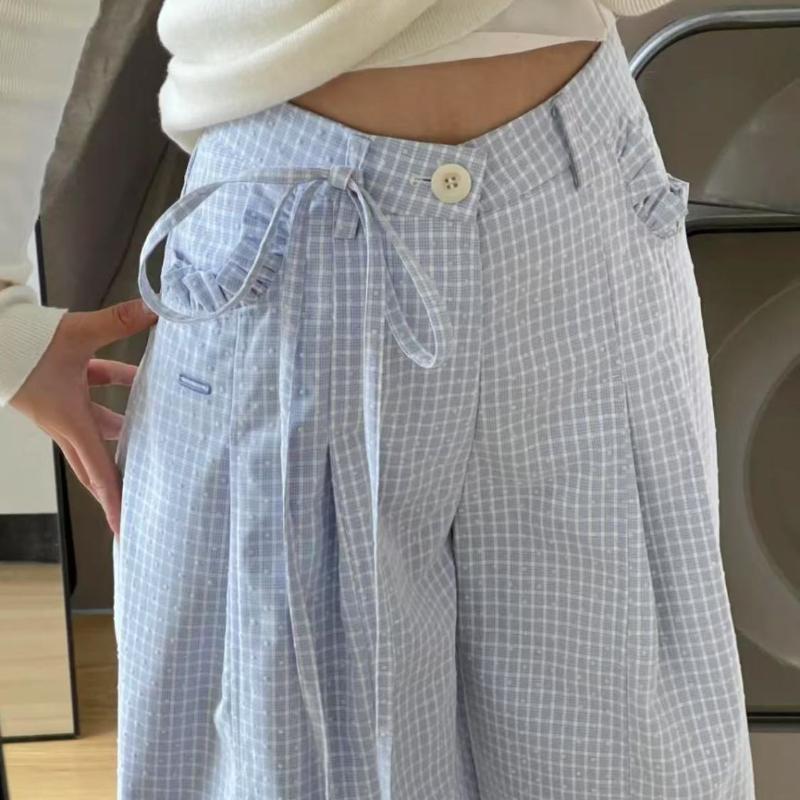Damskor Vår/Sommar Långsam Stil Blå Rutig Volang Hög Midja Lös Vida Ben Golvlånga Byxor