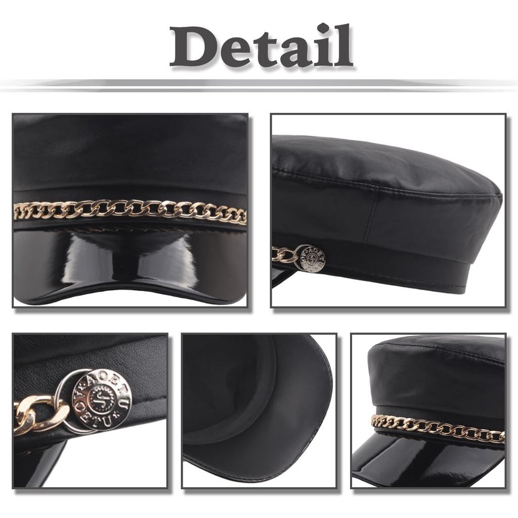Marine Cap Leather Black Casquette Stylish Hat for Travel Women and Men CZ196 [White Fang] (Black)